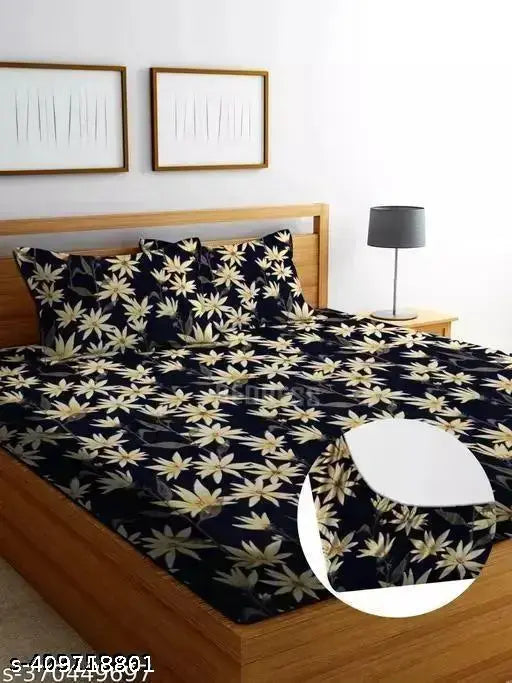 Cotton feel elastic fitted floral printed king size double bedsheet (72x78 black), superfine quality bedding for heavy winter, adult use