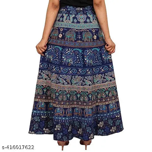 Blue and purple Jaipuri print cotton wrap skirt, Indian hand-block printed women's fashion maxi skirt with free size (30in waist, 40in length, 40in hip)