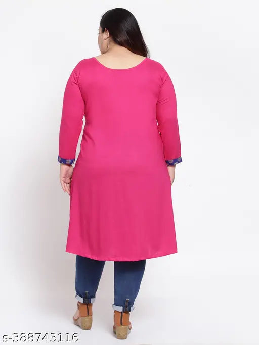 Plus-size pink rayon kurti with full sleeves, breathable & comfortable, suitable for all body types, Indian origin
