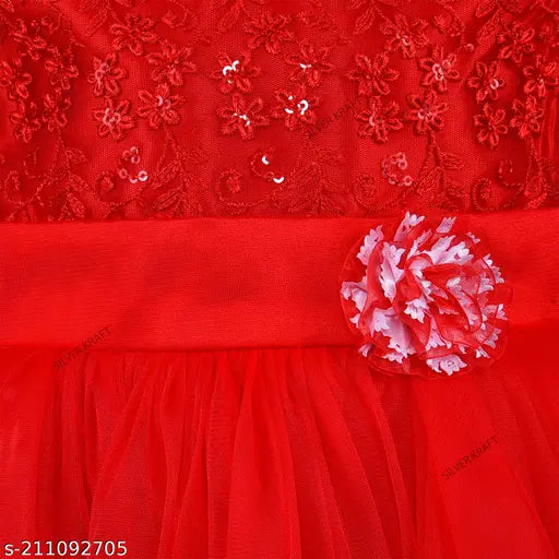 Silver Kraft baby girl dress with red lace trim and ruffled hem