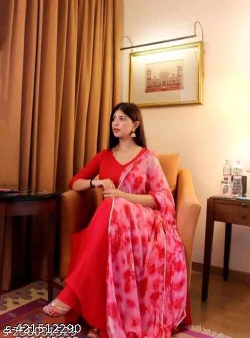 Red printed Anarkali flared kurta with dupatta for women and girls