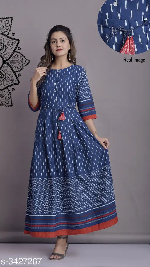 Blue and white patterned womens printed cotton blend anarkali kameez with a flared skirt