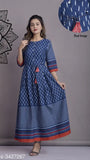 Blue and white patterned womens printed cotton blend anarkali kameez with a flared skirt