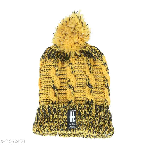 Woolen double-shade beanie cap with a pompom, black and yellow, designed for women