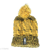 Woolen double-shade beanie cap with a pompom, black and yellow, designed for women