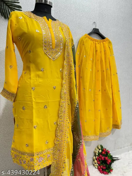 Yellow georgette top and dupatta with sharara suit set