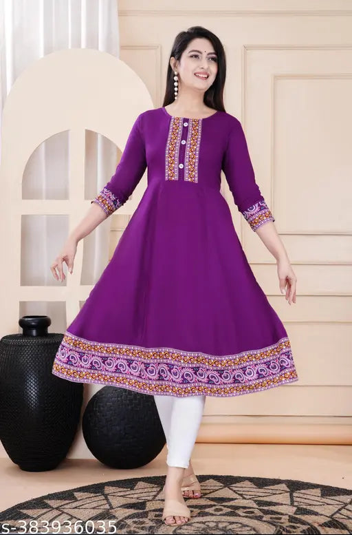 Purple rayon anarkali kameez with embroidered detailing