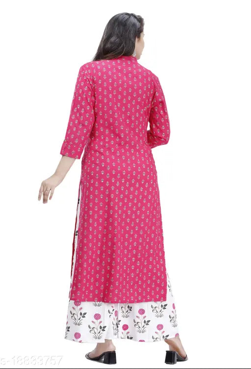 Trendy petite women's rayon kurta set with palazzos, three-quarter sleeves, and printed net pattern. Available in sizes S to XXXL, originating from India