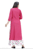 Trendy petite women's rayon kurta set with palazzos, three-quarter sleeves, and printed net pattern. Available in sizes S to XXXL, originating from India