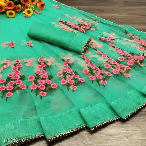 Soft net Moti Lace floral embroidery party saree with unstitched silk blouse, India
