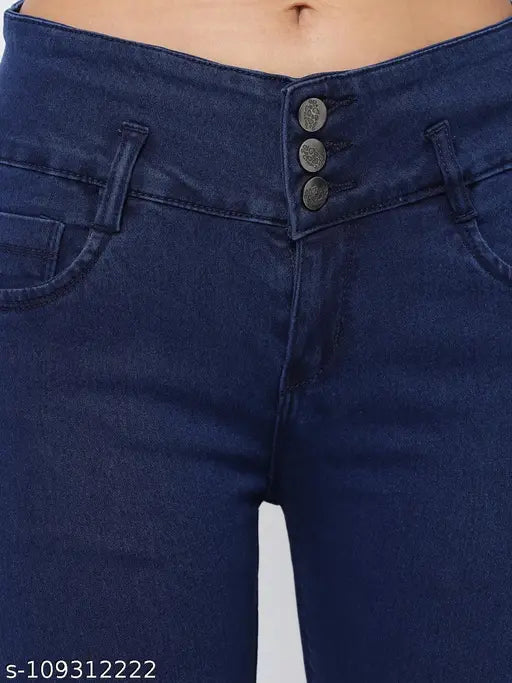 Blue denim women's jeans with three buttons, slim fit