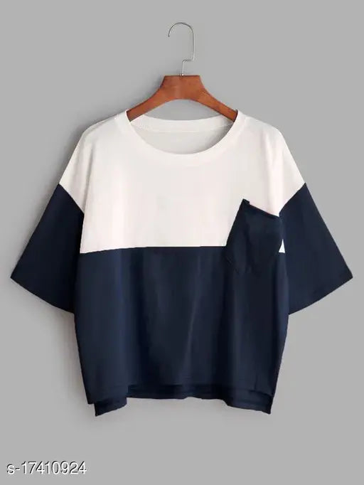 Women's cross pocket crop T-shirt, colorblocked cotton with short sleeves, available in various sizes from XS to XL