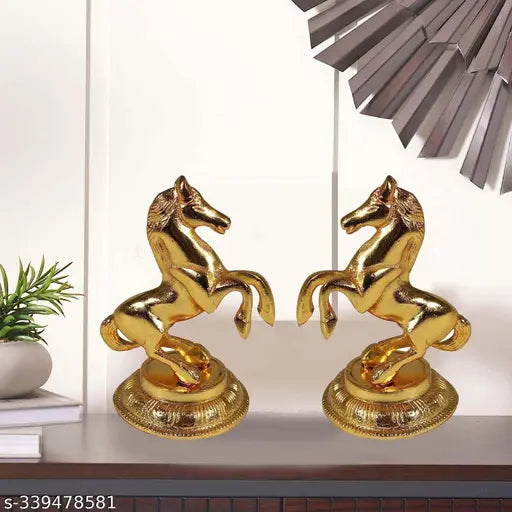 Metal gold horse statues for Feng Shui/Vastu decor, set of 2 - 12cm tall