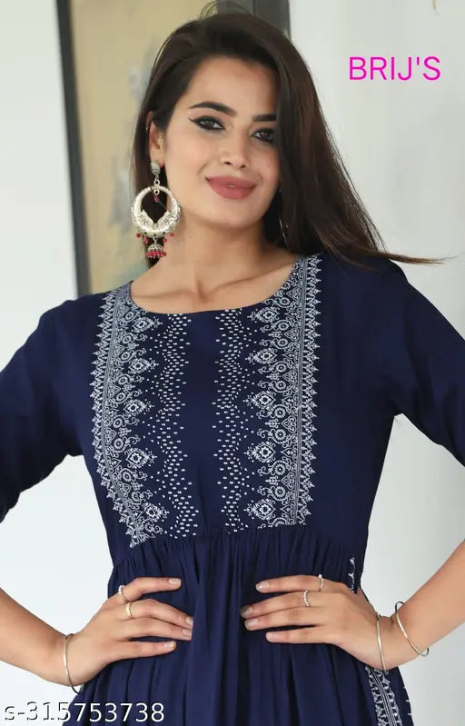 Rayon Nyra Kurti, latest Indian design with 3/4 sleeves, Sanganeri printed, ideal for denim or leggings