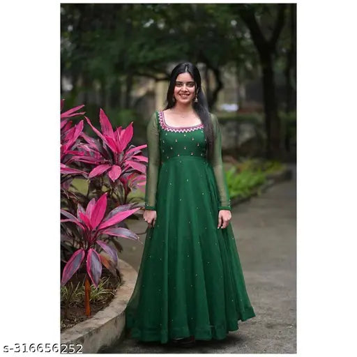 Embellished Georgette maxi gown with mirror work and digital print dupatta, India-made casual wear for women