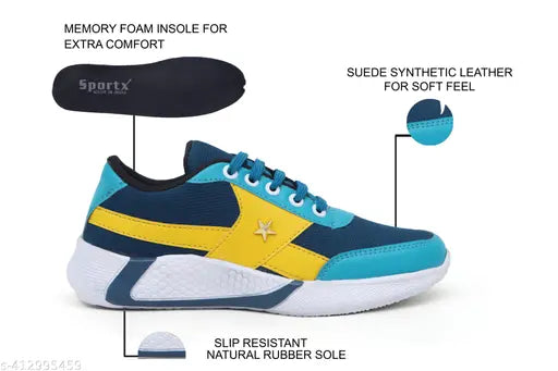 Trendy sneakers with blue and yellow details, memory foam insole, synthetic leather upper, white sole, slip resistant, natural rubber toe cap