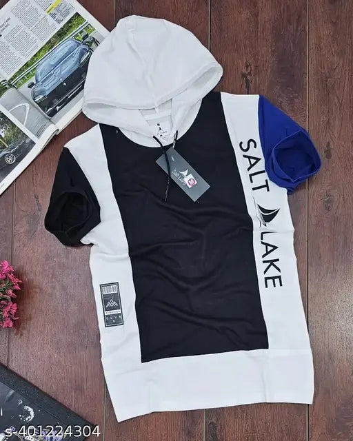 Men's cotton blend half sleeve hoodie, printed design, affordable party and casual wear - India