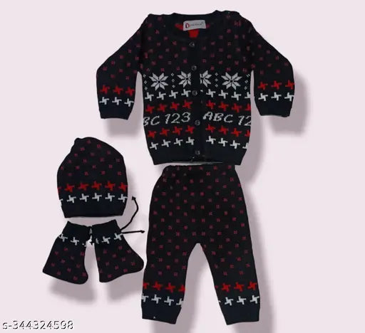 Baby Knitted Woolen Frock Sweater Krits with Pyjami Top Trouser Dress Set Sweater for Baby Full Sleeve Collor Printed Baby Winter Clothes Woollen Sweater Set for Baby Girls