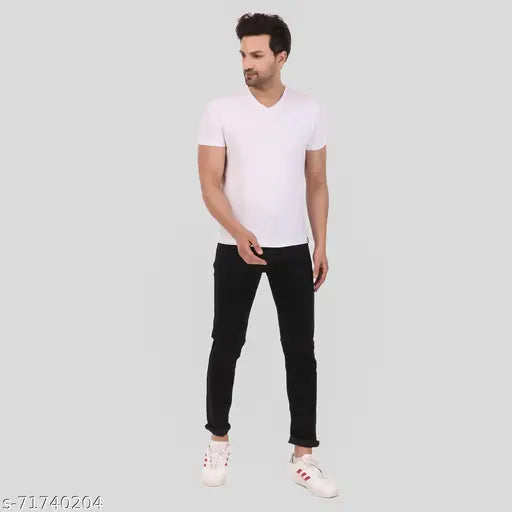 Black denim slim fit Mickey jeans for men, durable and stretchable fabric. High-quality black jeans ideal for casual, party, or office wear with comfortable pockets and versatile style. Size options: 28 (Waist 28", Length 42", Hip 34"), 30 (Waist 30", Length 42", Hip 36"), 32 (Waist 32", Length 42", Hip 38"), 34 (Waist 34", Length 42", Hip 40"). Made in India