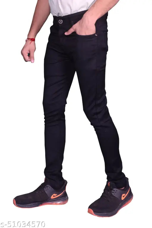 Stretch black denim jeans for men, comfortable fit and stylish design, ideal for parties and casual wear. Sizes: 28 (W28 L40 H32), 30 (W30 L40 H34), 32 (W32 L40 H36), 34 (W34 L40 H38). Made in India