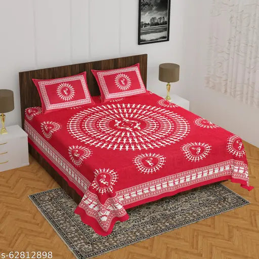 Vibrant tribal-print cotton flat sheets, double queen size with 2 pillow covers, perfect for summer - Reveesh Enterprises