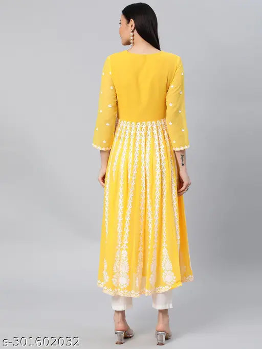 Yellow embroidered Chikankari Georgette Anarkali Kurta, three-quarter sleeves on woman, Indira Fashion women's wear