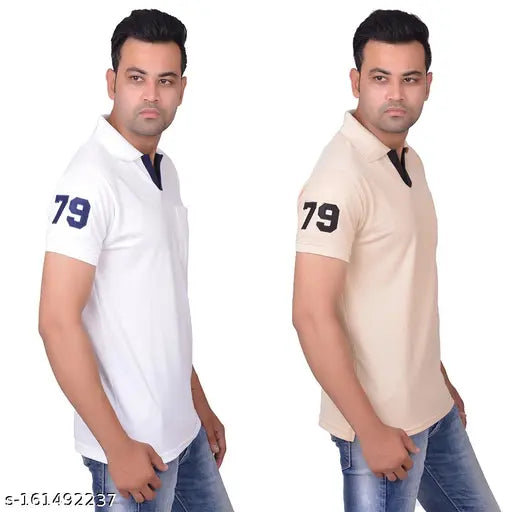 Cotton polo neck t-shirts, premium matty fabric, men's pack of 2 with pockets, solid color design