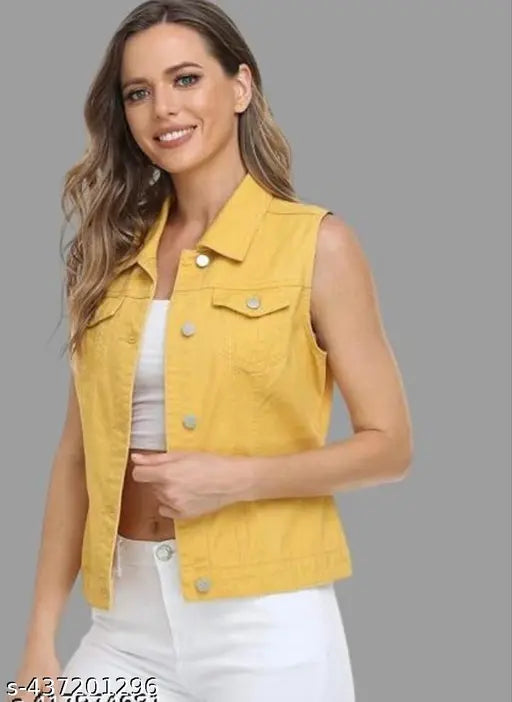 Yellow denim sleeveless half-sleeve shirt, solid pattern, available in sizes S, M, L, XL from India