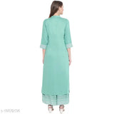 Olive green & white rayon block print kurta with palazzo, three-quarter sleeves - Indian women's fashion