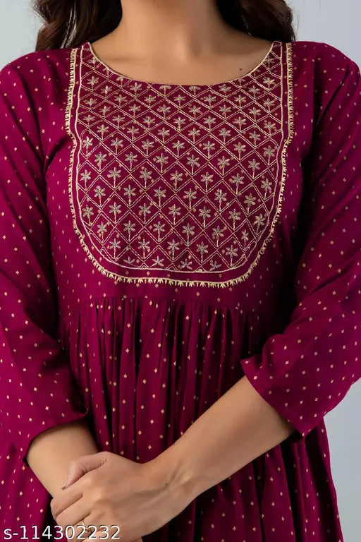 Rayon embroidered Anarkali kurta, printed and long, great for parties, three-quarter sleeves, S (36in bust, 48in length), M (38in bust, 48in length), L (40in bust, 48in length) - Indian women's fashion