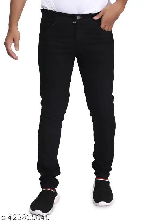Stylish black cotton-blend denim jeans for men, slim fit party wear on hangar