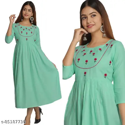 Blue anarkali kameez with desi art embroidery, long sleeves, round neckline
