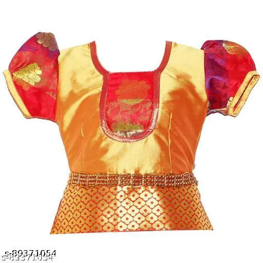 Cotton Silk kids' Madhura Pattu Pavadai with waist belt, floral stitch, suitable for festivals & parties. Made in India