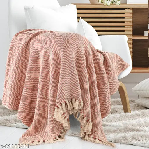 Soft cotton herringbone throw blanket, 180 x 130 cm, grey - SASHAA WORLD's 100% cotton bedcover for lounging, daydreaming & rejuvenating sleep, striped pattern, hand washable