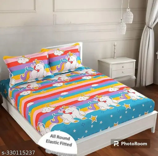 Shyam HOME unicorn-themed premium cotton, fully elastic fitted double bed sheets with 2 king size pillow covers. Soft, machine washable, and ideal for summer use. Made in India