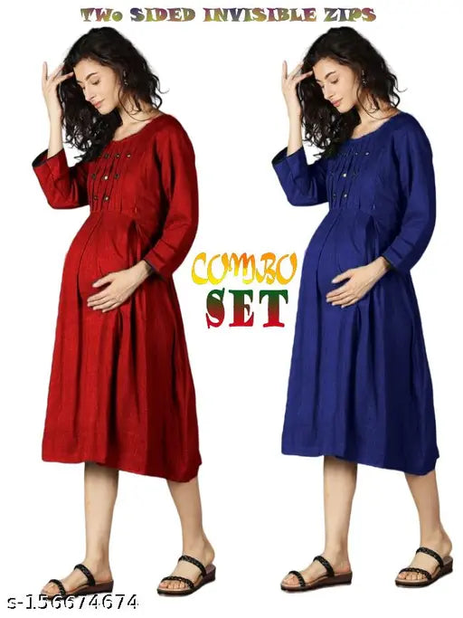 Solid stylish maternity dress set, navy blue, for breastfeeding, maroon combo