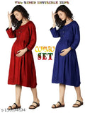 Solid stylish maternity dress set, navy blue, for breastfeeding, maroon combo