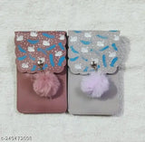 This is an image of two wallet phone cases. The one on the left features a light purple background with a graphic print, and the case has what appears to be a zipper closure. The one on the right has a darker purple background with a similar graphic print and also has a visible zipper closure