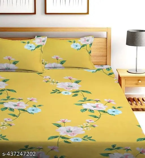 Floral print elastic fitted double bedsheet with 2 pillow covers (78x72x8 inches), premium quality, soft cotton, easy-to-maintain design. Ideal for summer and adult use