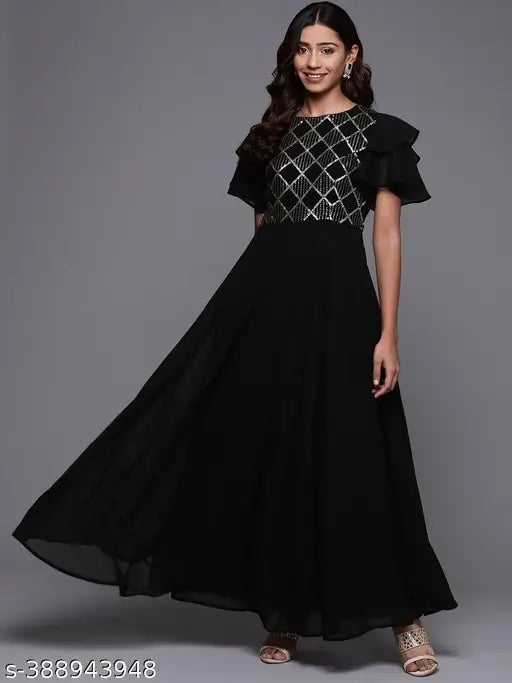 Black solid tone maxi dress, round neckline, keyhole detail at back, statement ruffled sleeves, embellished sequins, stylish detailing at back