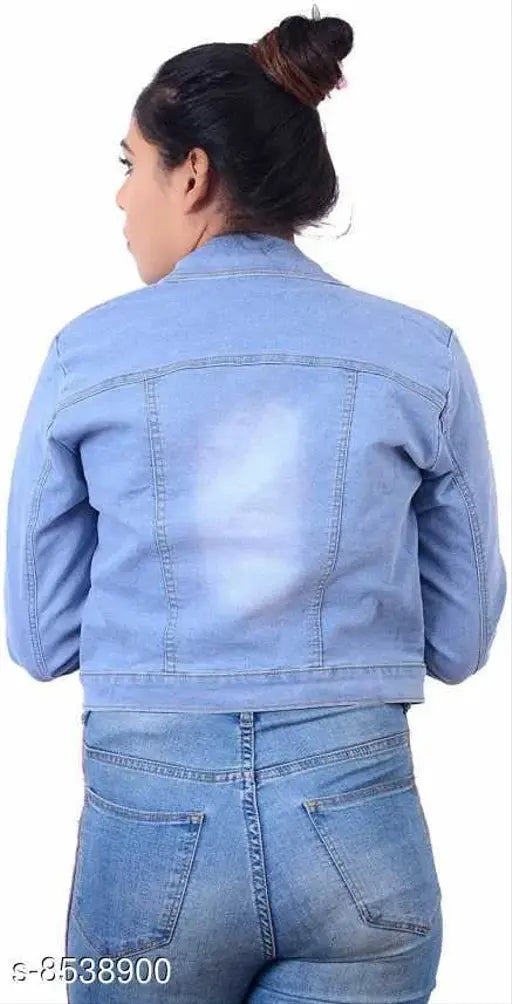 White denim full-sleeve jacket, dyed/washed Allen Ville for women. Long sleeves, size L (38in bust, 20in length), made in India