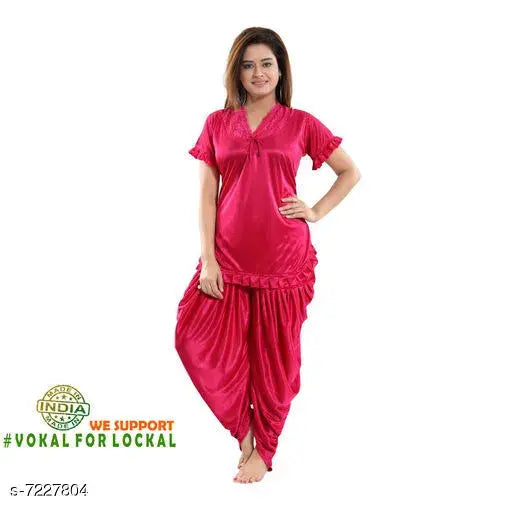 Women's satin nightsuit, solid-colored partiala pants and regular top with short sleeves, Indian origin