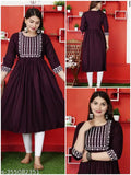 Rayon embroidered Anarkali Kurta, solid combo, three-quarter sleeves, India made, women's traditional Indian wear - S: 36in bust, XL: 42in bust