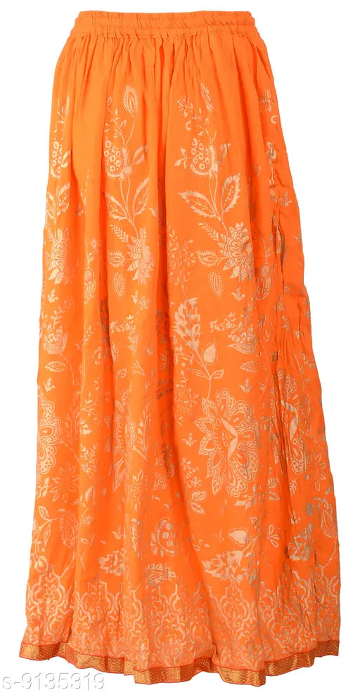Long orange block print skirt, pure rayon fabric, traditional Indian design