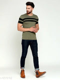 Olive cotton AUSK men's striped short-sleeve t-shirt, horizontally printed with bold stripes, available in sizes from XXS to XXL