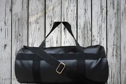 Black leather duffle bag, strap closure, 12 pockets
