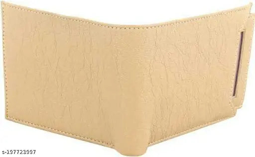 Beige PU leather men's casual wallet, 5 card slot. Stylish bi-fold design for daily use and traveling. New, high-quality wallet with multiple compartments, ideal for gifts. Made in India