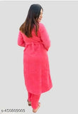 Pink women's woolen midi suit, warm for winter, solid patterned pyjama set