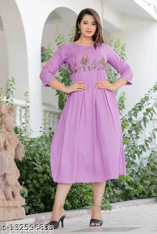 Rayon embroidered Anarkali Parpal kurti, three-quarter sleeves, Indian fashion for women, M (38in bust), L (40in bust), XL (42in bust), XXL (44in bust)