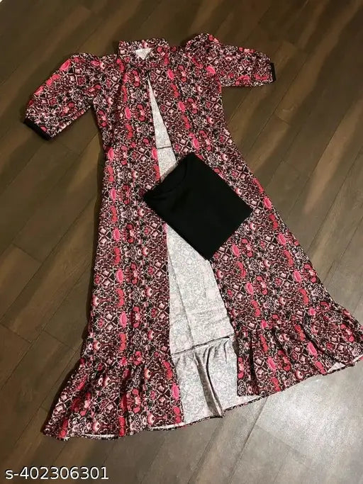 Silk blend printed long jacket kurta with front slit and buttons, comfortable everyday fashion piece from India (XS-XXL)